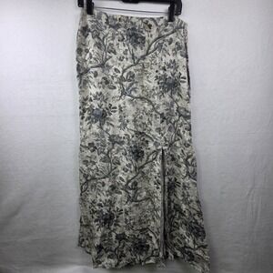 Peruvian Connection Linen Maxi Skirt Gray Floral Women's Size 10 Unlined Zip